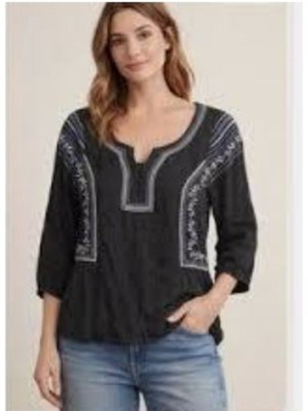American Eagle Charcoal Blue Floral Embroidered Peasant Top High Low Small